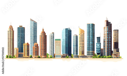 Modern urban skyline with diverse skyscrapers and trees, vector