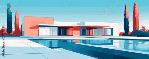 Modern minimalist house with pool and trees, architectural design landscape - vector