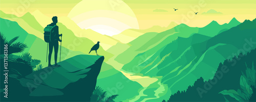 Adventure hiker overlooking sunrise valley with birds and river - vector