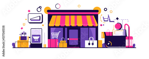 Colorful online shopping storefront with shopping bags and cart - vector
