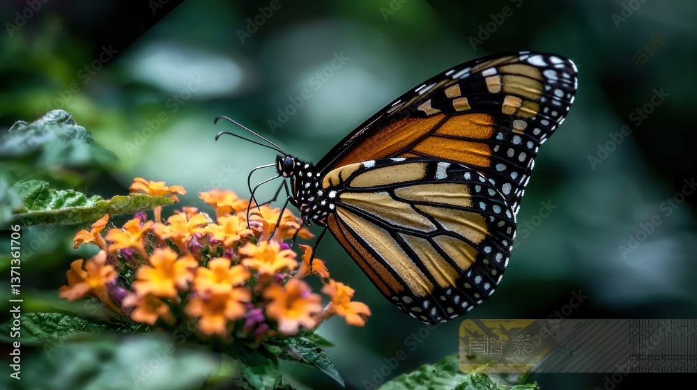 Fototapeta premium Monarch butterfly perched on vibrant flowers in a lush garden, showcasing nature's beauty
