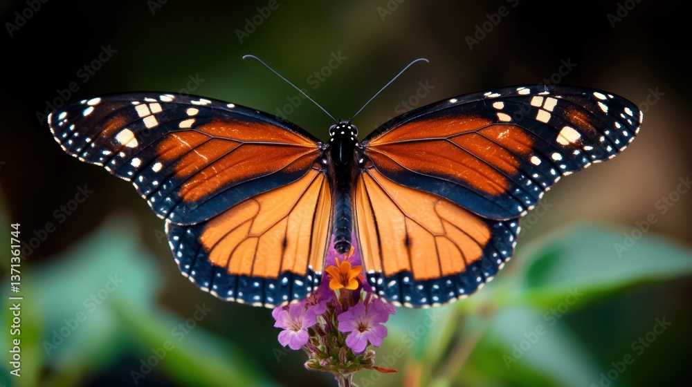 Fototapeta premium Vibrant Monarch Butterfly Resting on Colorful Flower Amidst Lush Greenery in Nature