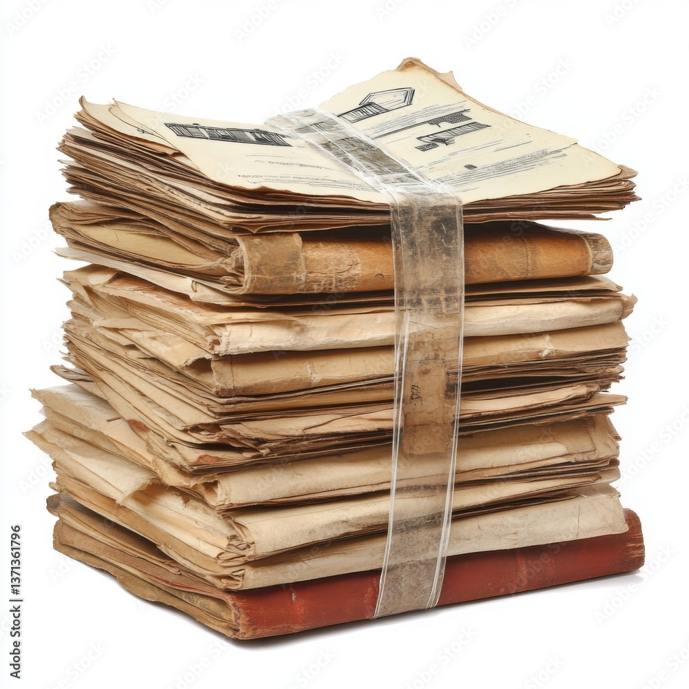 Stack of Old Papers and Documents Tied with Tape on White Background Stack of Old Papers and Documents Tied with Tape on White Background