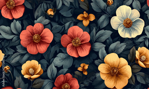 Colorful floral pattern with red, yellow, and white blossoms on dark background - vector