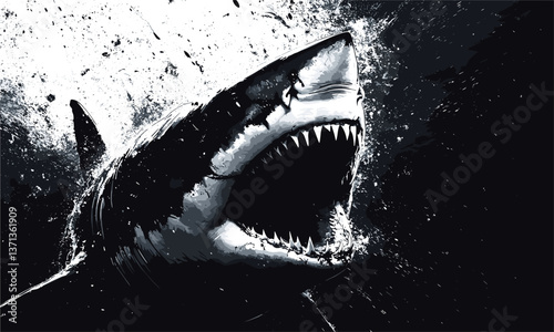 Dynamic shark attack in black and white vortex - vector