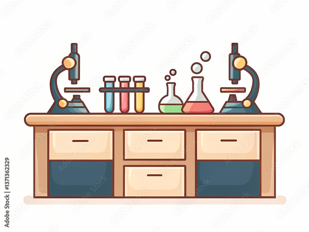 school science lab clipart featuring microscopes, test tubes, and flasks on wooden table, evoking curiosity school science lab clipart featuring microscopes, test tubes, and flasks on wooden table, evoking curiosity