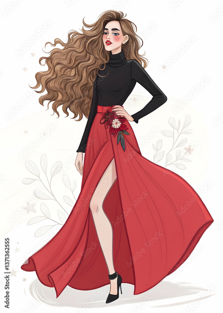 Stylized digital illustration of a fashionable young woman with long, voluminous wavy brown hair,Woman sitting on suitcase, isolated, white background,gothic woman. Stylized digital illustration of a fashionable young woman with long, voluminous wavy brown hair,Woman sitting on suitcase, isolated, white background,gothic woman.