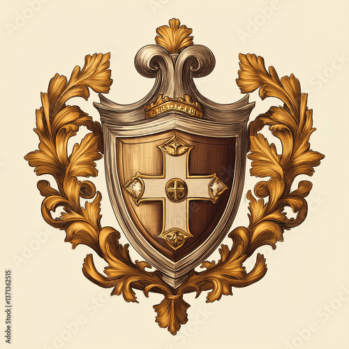 Ornate golden emblem featuring a shield with a cross and latin motto