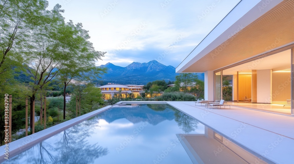 Fototapeta premium Modern villa exterior with infinity pool and mountain views. Tranquil evening scene