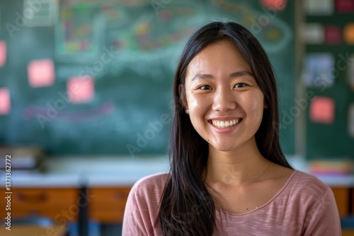 Free Download Portrait of a young smiling Asian female teacher in front of a classroom - GFXLoad