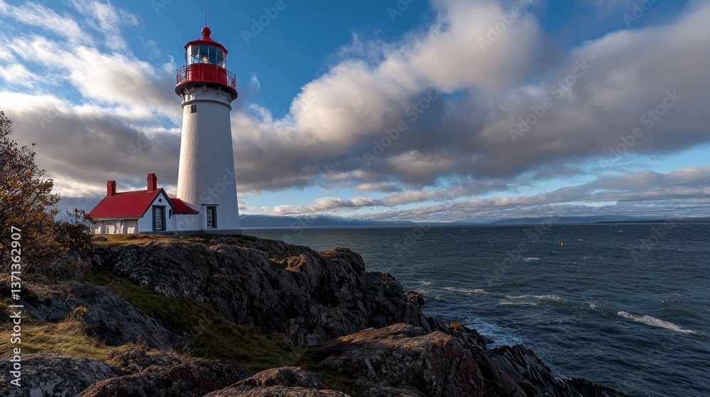 Naklejka premium Majestic lighthouse standing on rocky coast under dramatic sky with clouds and ocean waves