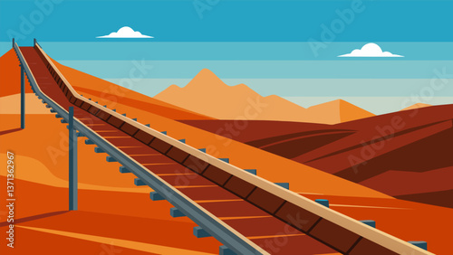 A large rusted conveyor belt stretches into the distance once used to transport minerals and now abandoned.. Vector illustration