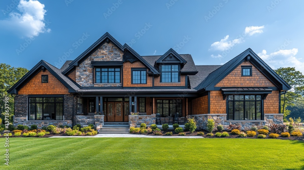 Modern suburban home featuring stone and wood exterior with landscaped garden and blue sky Modern suburban home featuring stone and wood exterior with landscaped garden and blue sky
