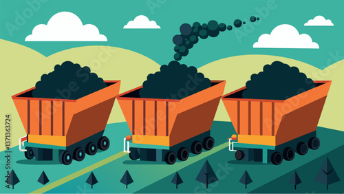 A group of covered hoppers being filled with coal through a large loading chute each one slowly filling up with the dusty fuel.. Vector illustration