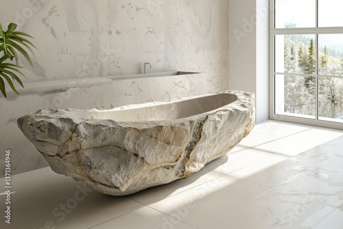 High Definition Image of Stone Bathtub in Spacious White Bathroom