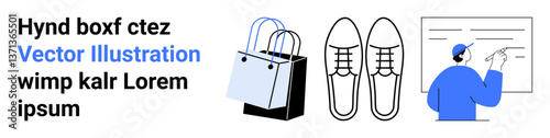 Shopping bags, pair of formal shoes, a professional pointing at a whiteboard in business setting. Ideal for retail, fashion, e-commerce, workspace, presentation, marketing concepts flat landing page