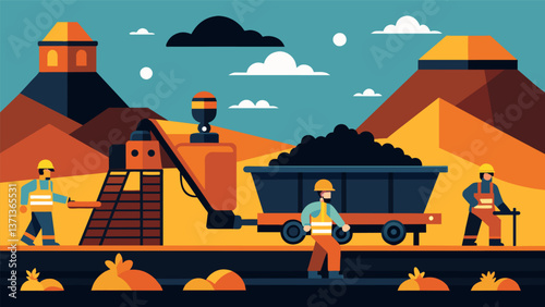 A constant hum of machinery fills the air as workers carefully guide the coal along the conveyor belts stacking it neatly onto waiting train cars.. Vector illustration