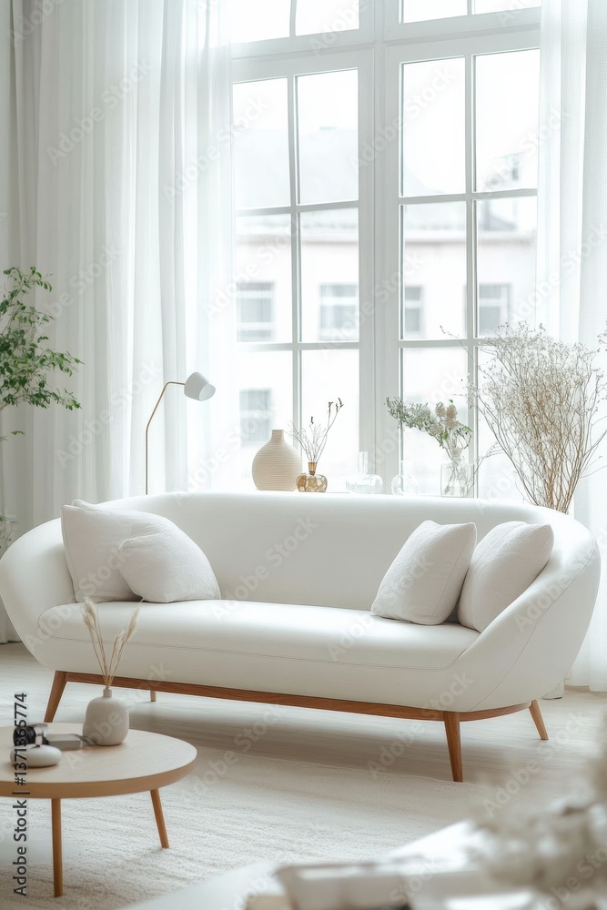 Fototapeta premium A modern round sofa with wooden legs, featuring a plain white leather fabric cover that resembles plain leather