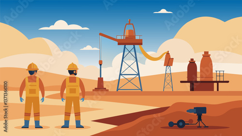 A flat dusty plain with a large fracking well and pumping station as workers in jumpsuits and goggles monitor the flow of natural gas.. Vector illustration