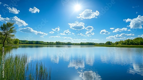 Sunny Lake and Forest Landscape with Clear Blue Sky / 澄み切った青空の湖と森の風景