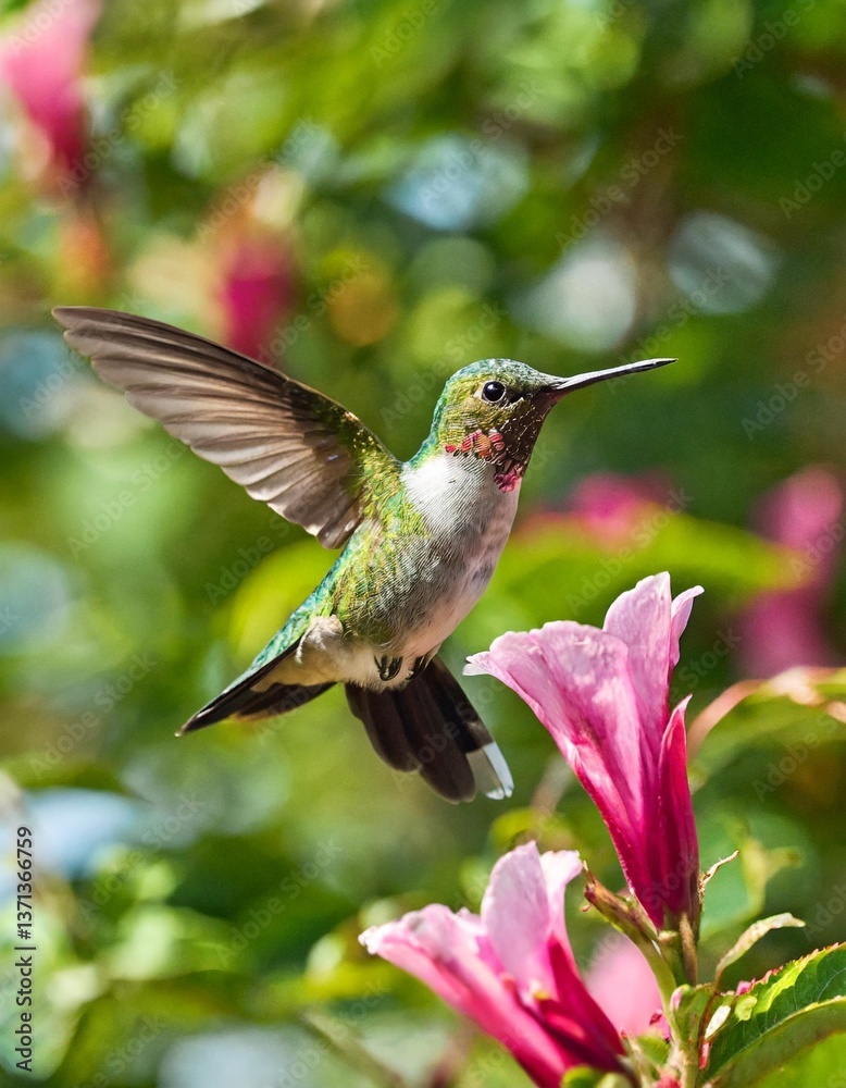 Naklejka premium Hummingbirds Hovering Near Sweet Blossoms in the Warmth of a Sunny Garden