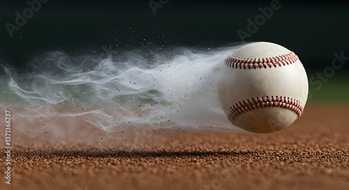 A baseball in motion with a trail of dust and dirt on a baseball field in a dark background