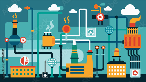 A complex web of pipes and machinery working tirelessly to convert steam coal into electrical power.. Vector illustration