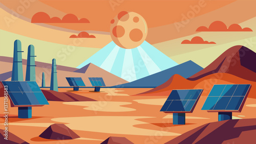 A desolate desert landscape is transformed by a solar power plant its reflective mirrors directing sunlight onto heat recovery steam generators that. Vector illustration