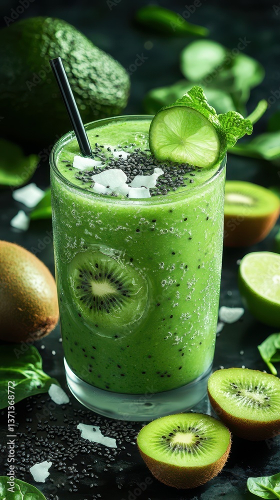 Refreshing green smoothie made with kiwi and spinach on a dark textured background Refreshing green smoothie made with kiwi and spinach on a dark textured background