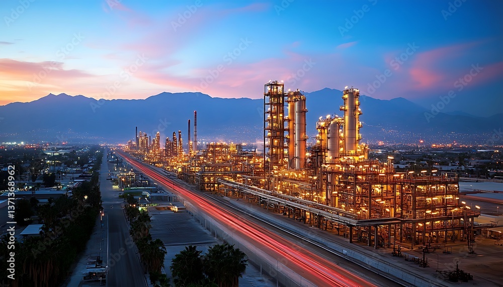 Fototapeta premium Desert Refinery Sunset Landscape.