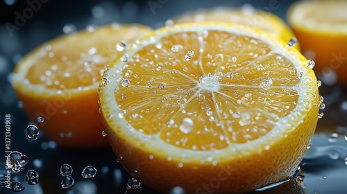 Close-up of a Lemon Slice with Water Droplets / 水滴のついたレモンスライスのクローズアップ