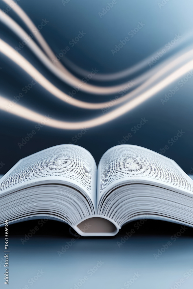 Fototapeta premium A creative 3d concept for an audiobook. Book on the background of the line audio track wave