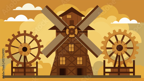 A closer look at the traditional windmills reveals intricate wooden gears and mechanisms still functional after all these years.. Vector illustration