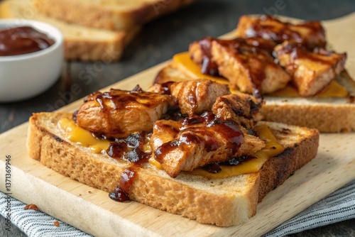 A toast with BBQ chicken and cheddar