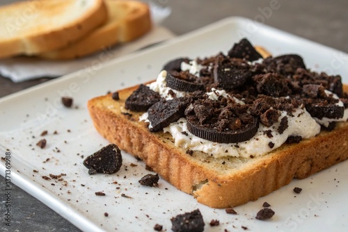 A baked toast with crushed oreos and vanilla cream