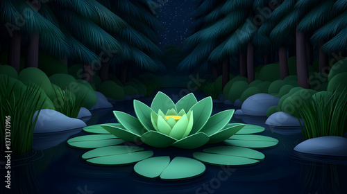 Glowing Lotus Flower in a Dark Forest at Night