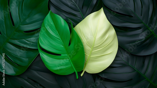 Green and Yellow Tropical Leaves Closeup