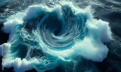 Aerial View Of Whirlpool Forming In Deep Turquoise Ocean Water With Dynamic Swirling Waves