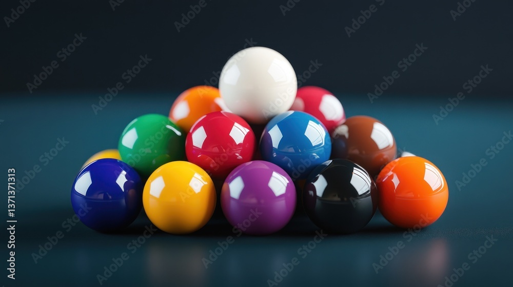 A vibrant arrangement of colorful billiard balls stacked in a pyramid on a teal surface A vibrant arrangement of colorful billiard balls stacked in a pyramid on a teal surface