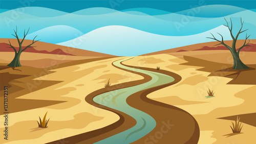 A dried riverbed winding its way through a drained peatland once a lifeline for wildlife now rendered useless.. Vector illustration
