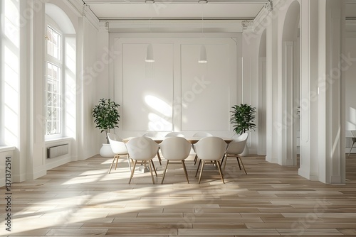 Ultra Hd Visual of White Dining Room Interior with Wooden Floor