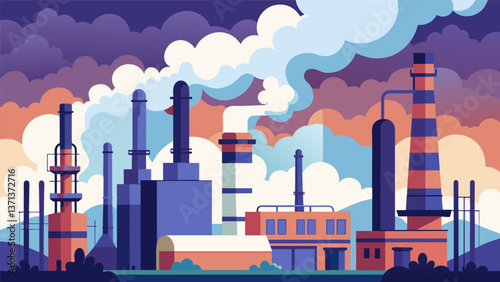 A large industrial complex with towering pipes and chimneys emitting thick billowing clouds of smoke producing the raw materials used in petroleum. Vector illustration