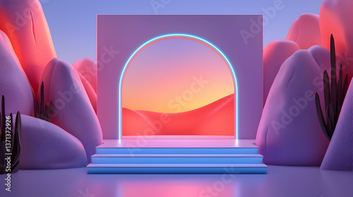 Neon Archway in Pink and Purple Desert Sunset Landscape