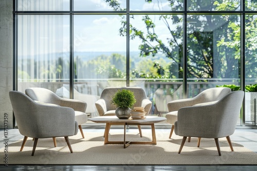Business Relax Interior with Four Armchairs and Coffee Table, Panoramic Window