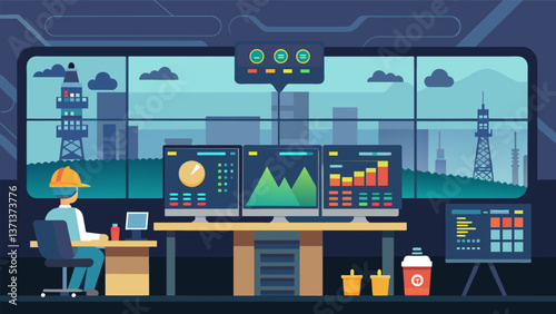 A control room filled with monitors and data screens monitoring the progress and safety of the fracking operation.. Vector illustration