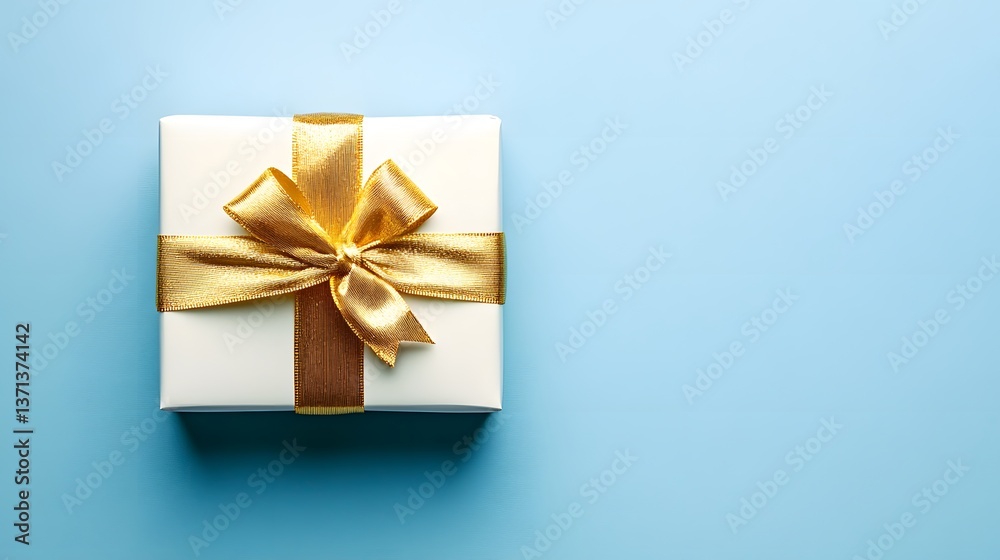 Fototapeta premium Elegant White Gift Box with Gold Color Ribbon on Blue Background for Luxury Present Packaging