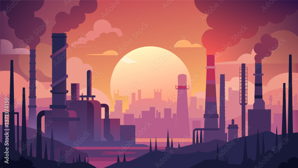 Obraz premium A hazy dawn sky casts a rosy glow over the towering silhouettes of factory stacks at an oil refinery.. Vector illustration