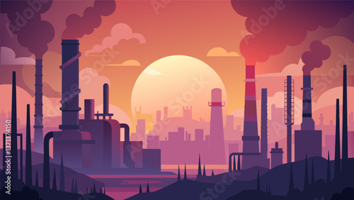 A hazy dawn sky casts a rosy glow over the towering silhouettes of factory stacks at an oil refinery.. Vector illustration