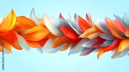 An array of colorful feathers floating against a light blue backdrop