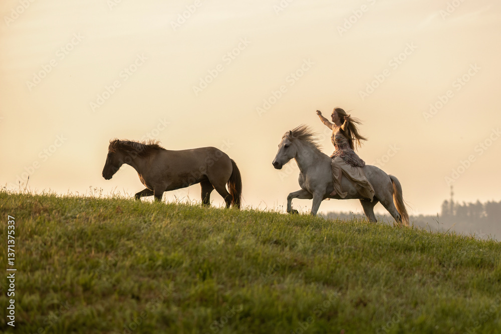 A female equestrian and her horse interacting together. Romantic freedom sunset scene